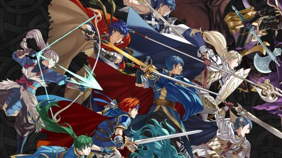 Fire Emblem Heroes Tier List: Key art for the game Fire Emblem Heroes show several characters leaping through the air, weapons poised, moving from the left side of the image to the right