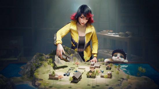 Key art for Craftlands in Free Fire with a character playing with a tiny version of the Free Fire battlefield
