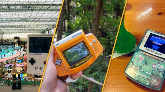 Game Boy hashtag: three photos show classic Game Boy devices being held aloft in scenic outdoor settings, and one in a restaurant next to a lovely looking green cocktail in a glass shaped like a boot