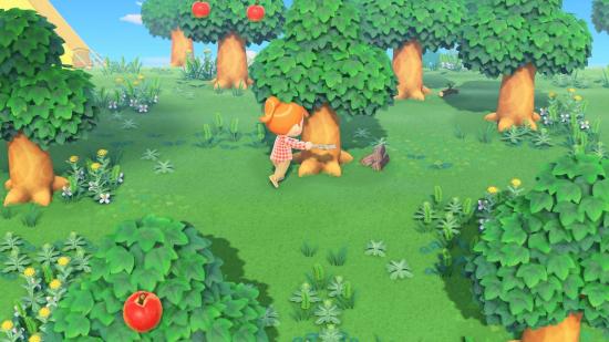 A cartoon character with ginger hair chops at a tree in a thin forest, some of the trees with apples hanging from them, in Animal Crossing New Horizons.