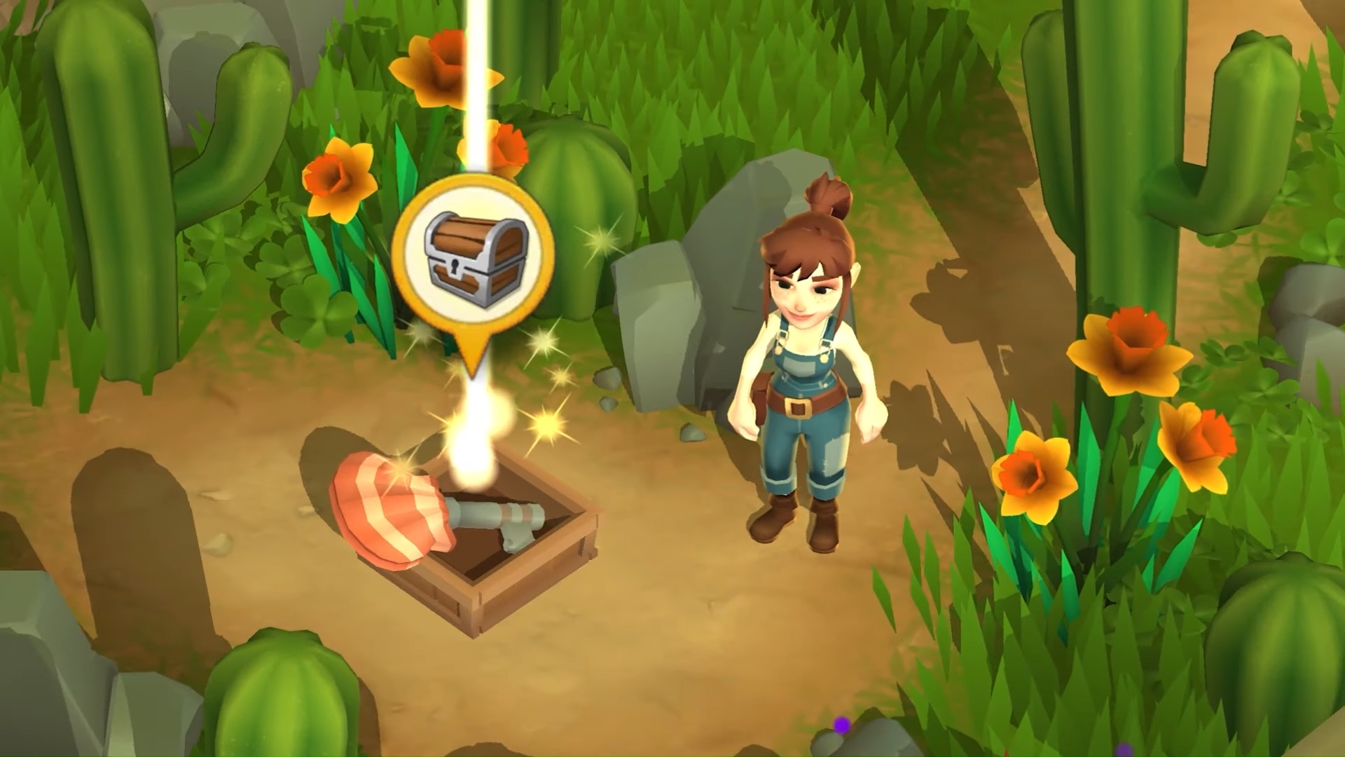 Gardening games - Sunrise Village. A screenshot shows the character standing in a crass area near buried treasure.