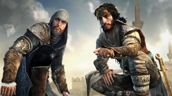 A screenshot from Assassin's Creed: The Ezio Collection, showing an older Ezio in his Assassin's outfit next to a friend, a resident of Constantinople. Both of them have facial hair.