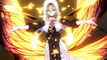 A new character in Honkai Impact update 5.7, with red butterfly-like wings burning behind them, a white hood over their head, and a blonde strand of hair coming over her face.