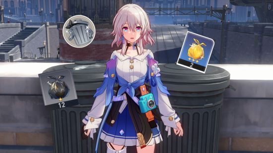 March 7th standing by two Honkai Star Rail trash cans with the trash can profile pic and trash items around her