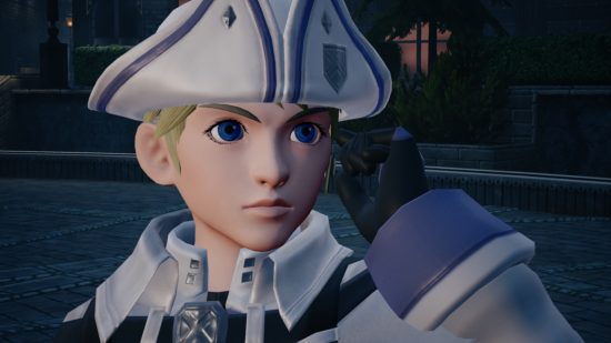 Kingdom Hearts Missing-Link release date: A screenshot of a blonde-haired child wearing a white tricorn hat and uniform.