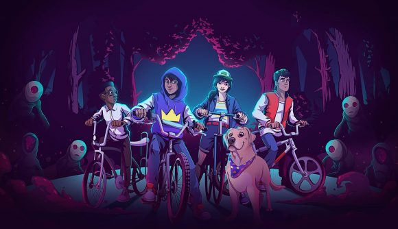 Kingdom Eighties release date: several characters that look like theyre from the 80s are on BMX bikes in a dark and mysterious wood