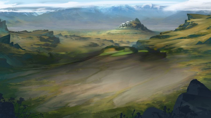 Art from The Lord of the Rings: Heroes of Middle-earth, showing a landscape, painted, with snowy mountains in the distance and craggy meadows in the foreground