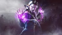 A woman with purple glowing smoke around her hands (magic) in Magic The Gathering Arena.