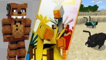 Three different Minecraft Bedrock mods split by yellow lines