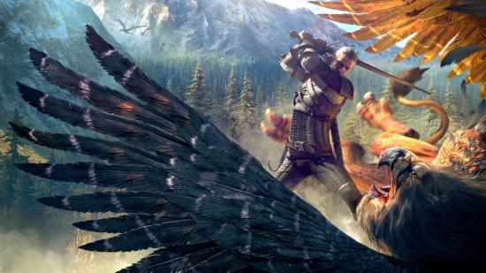 Geralt, from the Witcher 3, with his sword raised behind his back, about to slay a giant griffin, its wings flapping around him.