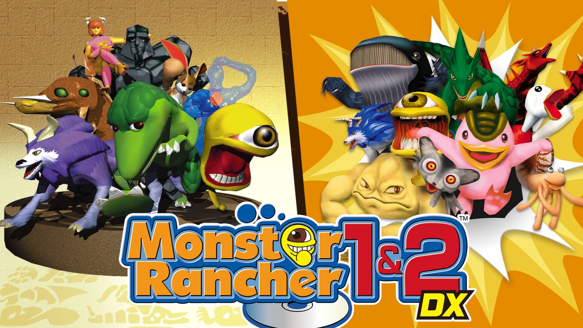 Best monster games: Monster Rancher 1 & 2 DX. Image shows the game's logo with various wacky monsters behind it.