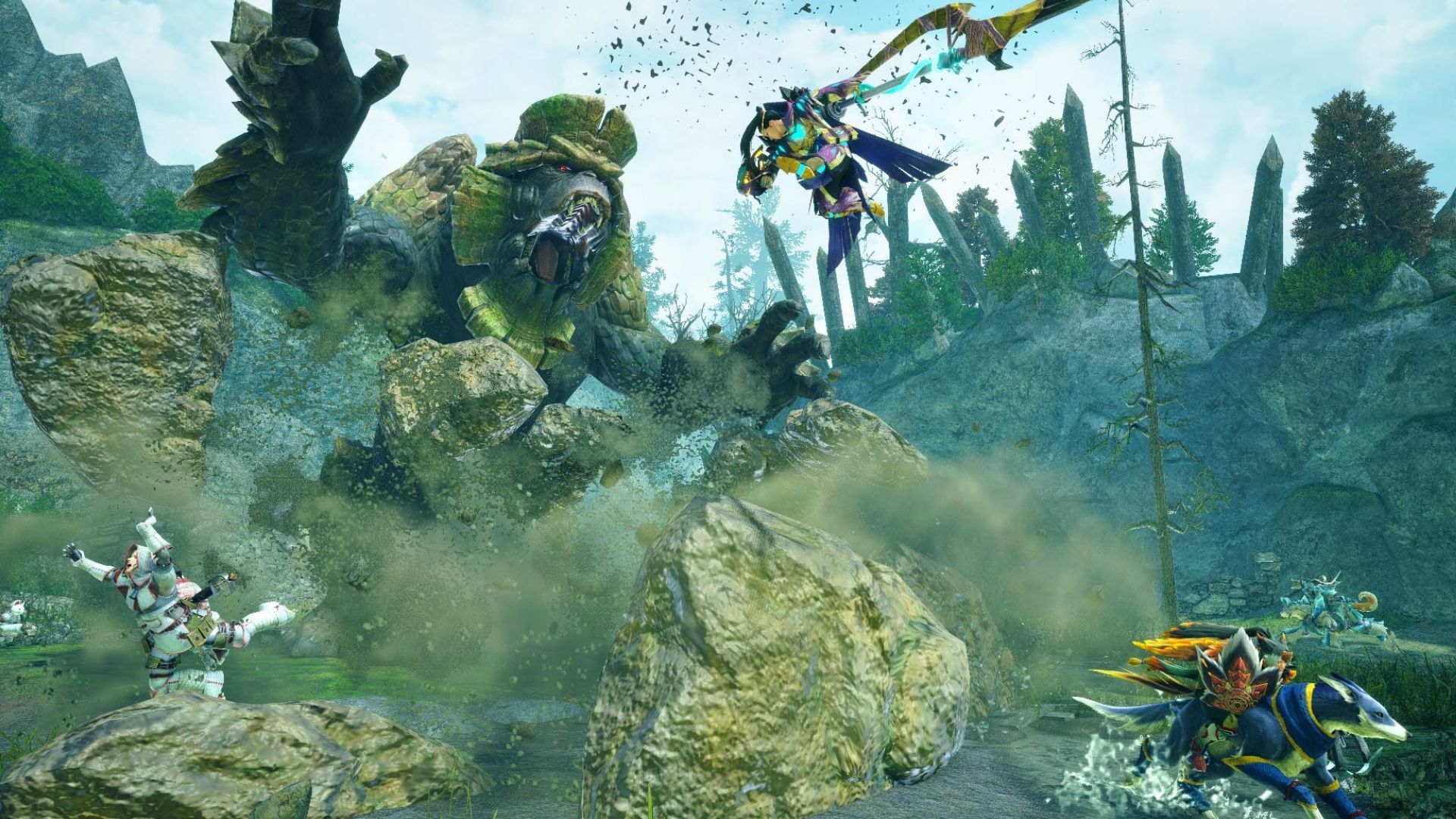 Best monster games: Monster Hunter Rise. Image shows a Garangolm, a giant gorilla-like monster, smashing through the ground, throwing various characters into the air.