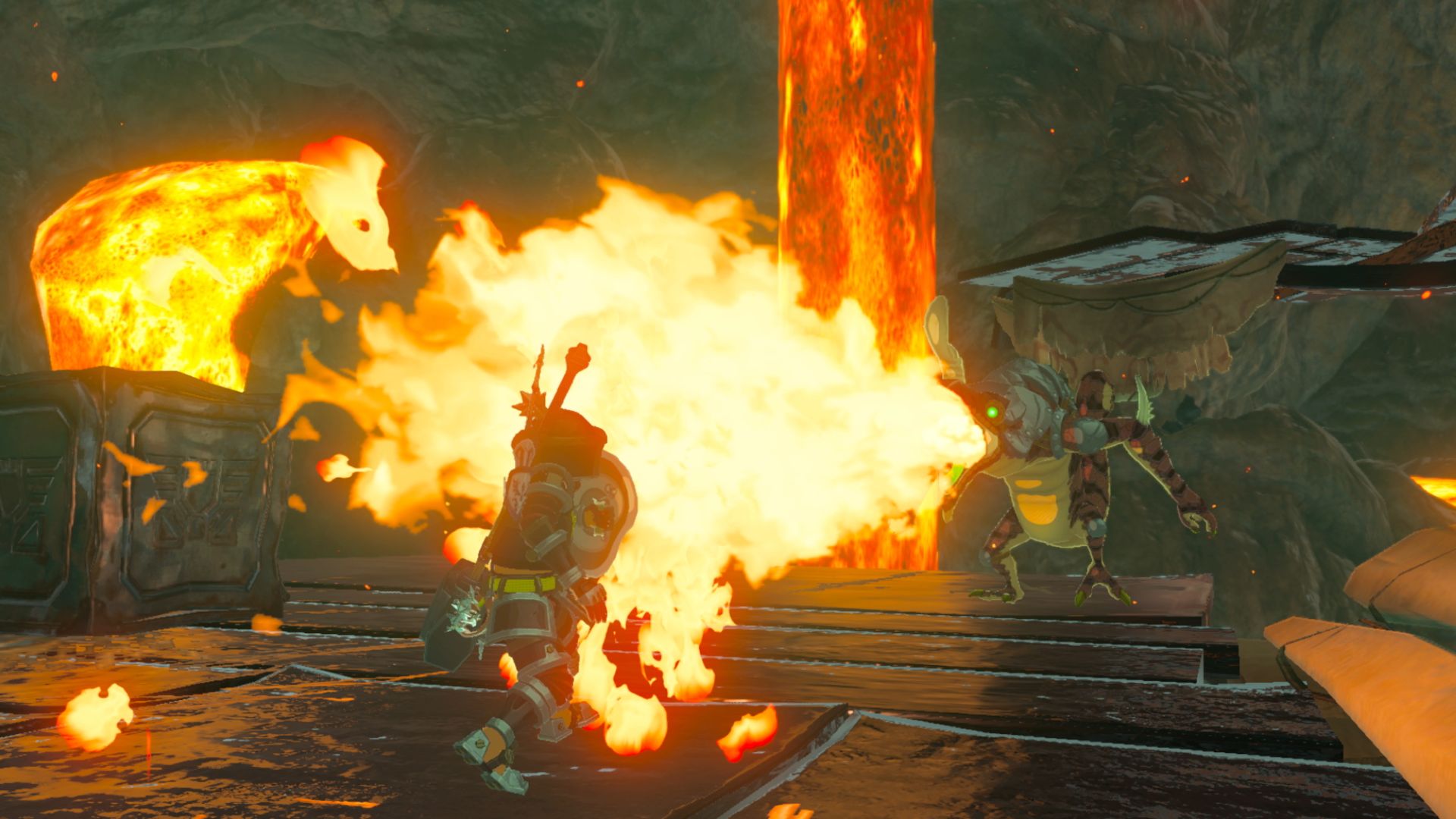 Best monster games: The Legend of Zelda: Breath of the Wild. Image shows Link blocking a firey attack from a Lizalfos.