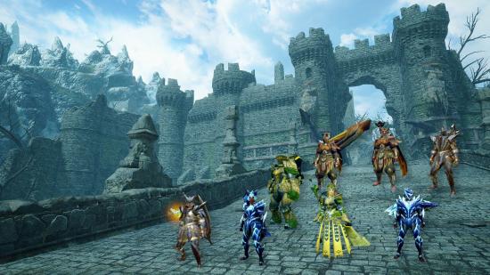 Various Monster Hunter Rise: Sunbreak armours on characters on a stone bridge in front of a stone battlement.