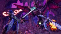 Two Monster Hunter Rise Sunbreak weapons wielded by hunters in blue, as they take on a large red dragon monster.