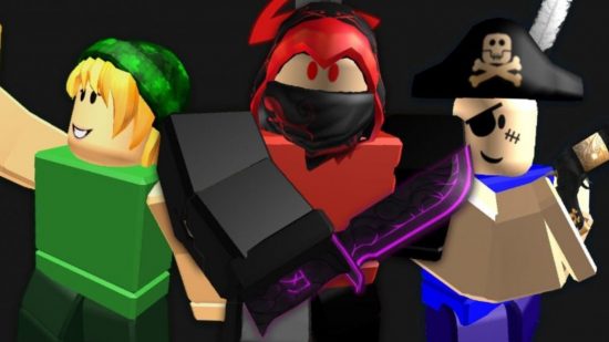 Tre karakterer fra Murder Mystery 2, en i grøn, en i rødt med en maske og en i blåt i en pirathue med et øjepatch