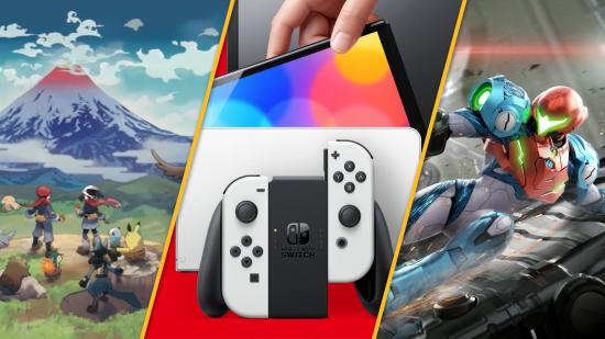 Nintendo 2021 earnings figures: a Nintendo Switch OLED model is shown next to key art from the games Pokemon: legends Arceus and Metroid Dread