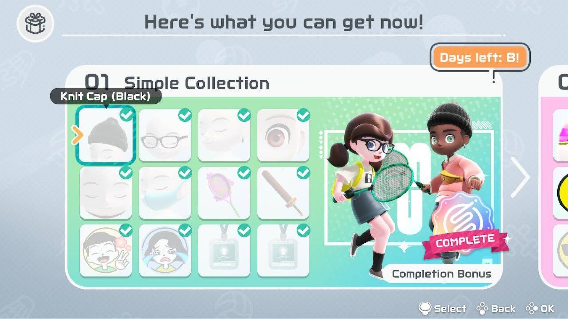 Nintendo Switch Sports cosmetics: A board is shown full of unlockable fashion items for Nintendo Switch Sports 
