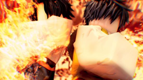 Two anime-inspired Roblox characters who you can upgrade with Nok Piece codes. They are surrounded by fire, in a fighting pose.