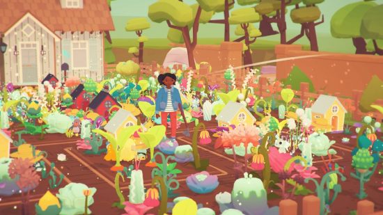 Ooblets release date: a young female character walks through a garden filled with huge crops and small magical plant animals