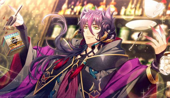 CG from the otom game Cafe Enchante showing a handsome demon with levitatingcups and coffee around him