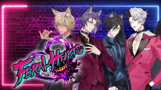 Otome game Feral Hearts promotional image showing four love interests