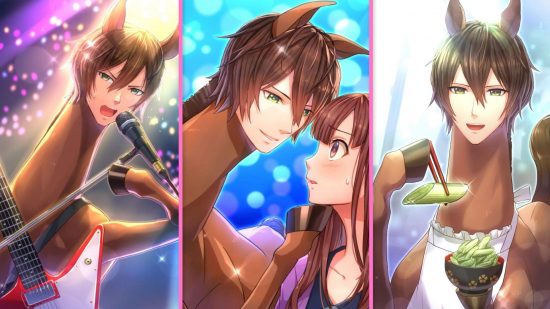 Three CGs from otome game Horse Prince showing the Horse Prince paying guitar, leaning in for a kiss, and eating food
