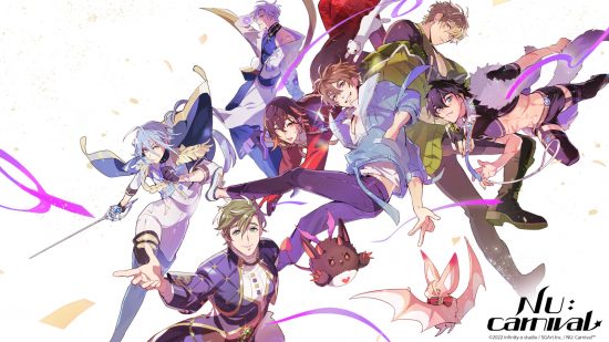 Promotional art from the otome game Nu Carnival showing all the characters in action poses