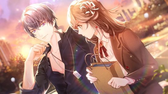 A CG showing the protagonist and a love interest from tome game Tears of Themis