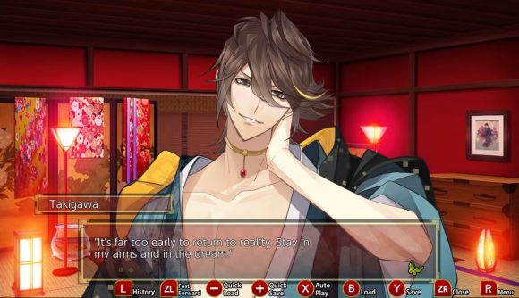 A screenshot from the otome game The Men of Yoshiwara: Ohgiya showing a character talking to the main character and rubbing his neck