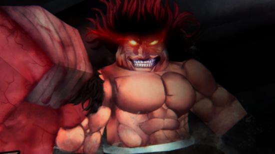 Art for the Roblox game Outdoor Brawling, with a blocky, muscular man with burning red eyes and spiky hair.