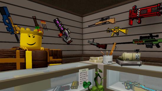 Screenshot of the shopkeeper from Pixel Gun Tower Defense codes article