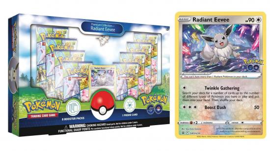 Pokemon Go TCG pre-order: images are shown of the Pokemon Go trading Card set, inclluding a close up of a card featuring Eevee