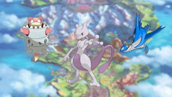 The psychic Pokémon Mewtwo, Latios, and Slowbro. Mewtwo is a roughly human-shaped alien, with a large tail and thick thighs. Their crotch and tail are all purple, the rest is grey. They have three knobbly fingers on each hand. Latios looks like an aeroplane with a bird's head, except slightly whale-like too. Slowbro is in their Mega form, which means they've jumped into their hermit crab shell, and their arms are poking out the sides and their head out the top. They are a bit like a pink platypus.