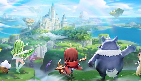 A handful of fantastically dressed characters and a large creature seen from behind, looking out over a verdant landscape with a castle in the distance, in art for Rainbow Story Global.