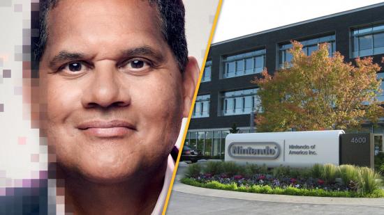 On the left, Reggie Fils-Aime's face, from the front cover of his book. On the right, the US HQ for Nintendo.