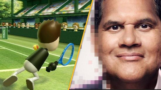 A screenshot shows Wii Sports, next to a promotional image of Reggie Fils-Aime from his book 'Disrupting the Game'