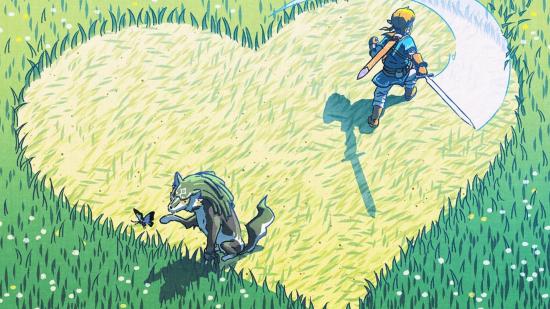 Link cuts a heart shape in long grass, as an animal plays with a butterfly, in art from the relaxing game The Legend of Zelda: Breath of the Wild.