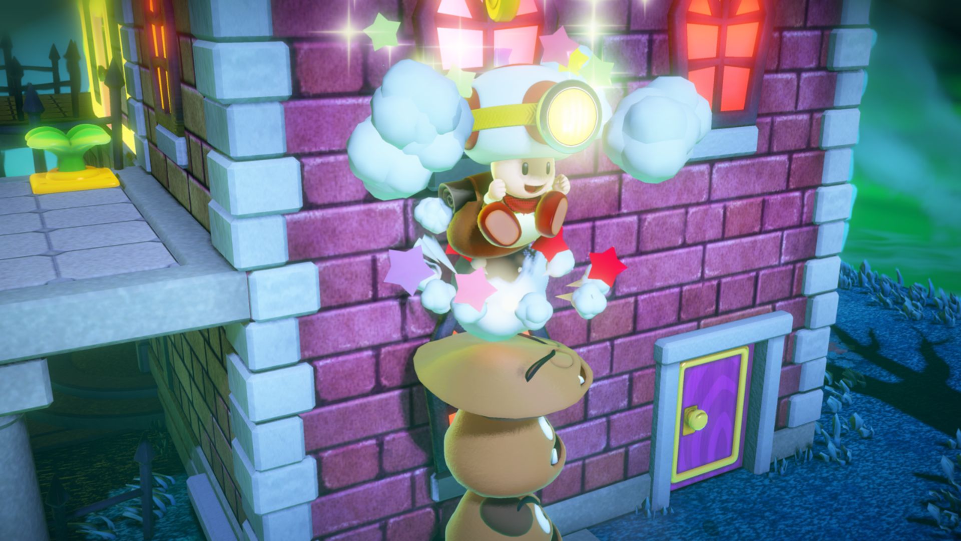 Captain Toad falls from a height and lands his butt on the head of a goomba stack, in the relaxing game Captain Toad: Treasure Tracker.