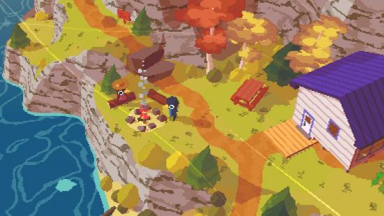 A scene from A Short Hike, one of the best relaxing games, showing two pixelated birds around a campfire. There's a path behind them and a picnic bench. Autumnal trees line the path and wind blows through the sky. You can see the ocean on the left.