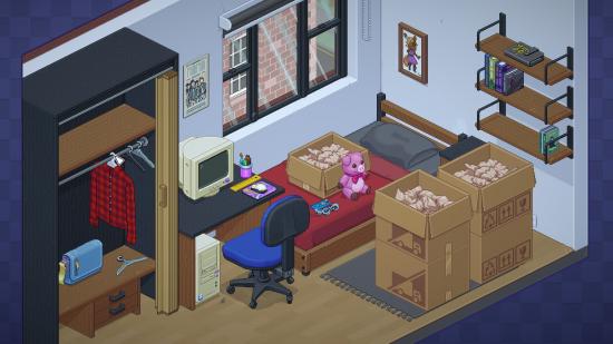 A bedroom, with a single bed, a desk with an old computer, a wardrobe, three bookshelves, a picture frame, and one window. There are cardboard boxes on the floor and a pink teddy bear on the bed. From the relaxing game Unpacking.