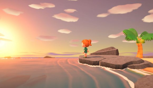 A character stands on a stone wharf, looking at the sunset, in the relaxing game Animal Crossing.