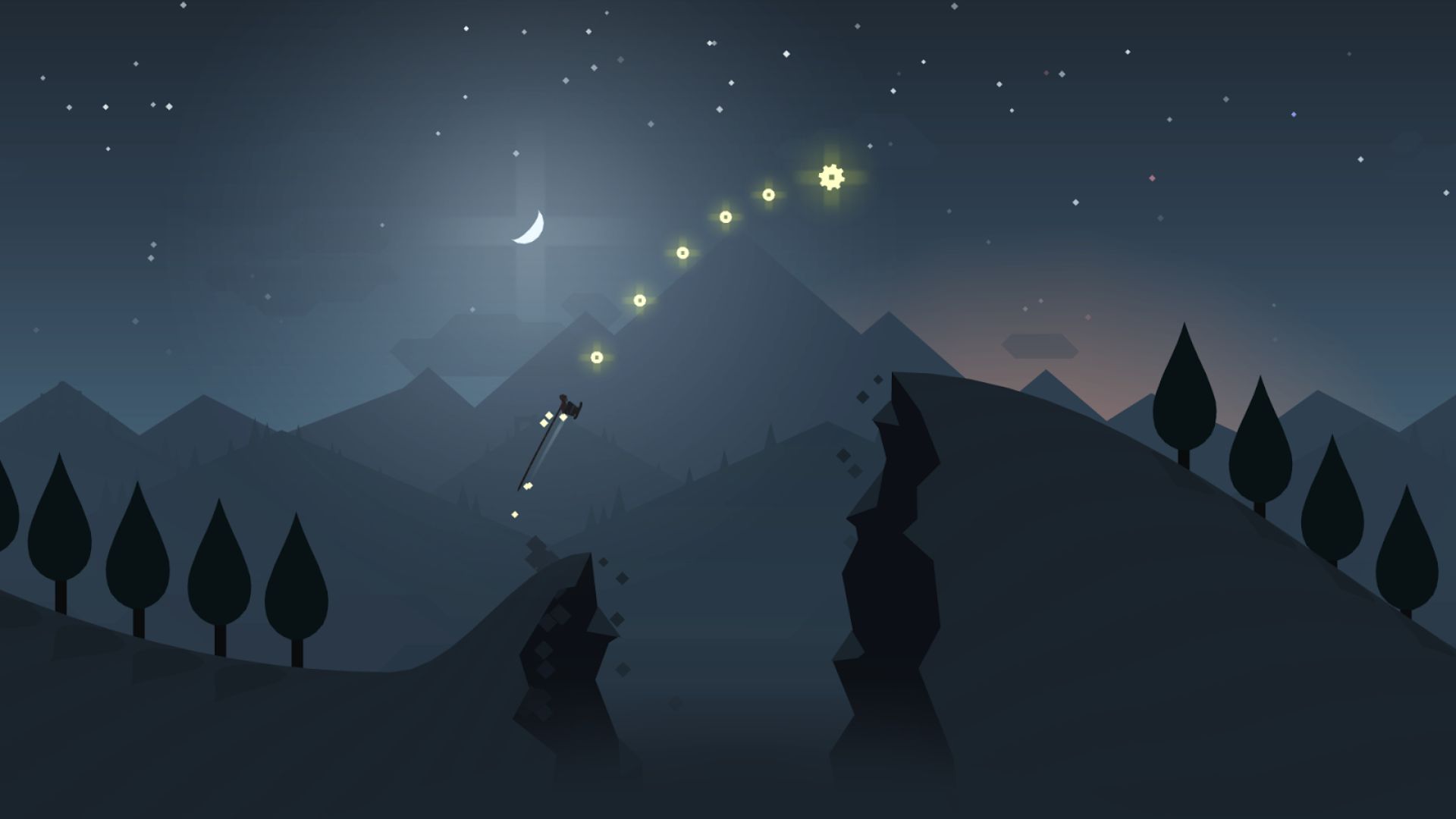 A snowboarder soars over a chasm, the moon behind them, their scarf billowing far to the right, in the relaxing game Alto's Adventure.