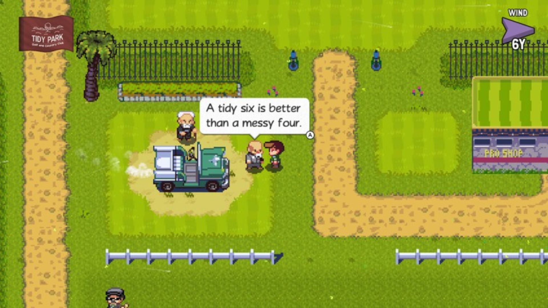 A man says "a tidy six is better than a messy four" to the main character from the relaxing game Golf Story. They are near a gold buggy in a sand trap, next to a path, a golf green, and an old man.