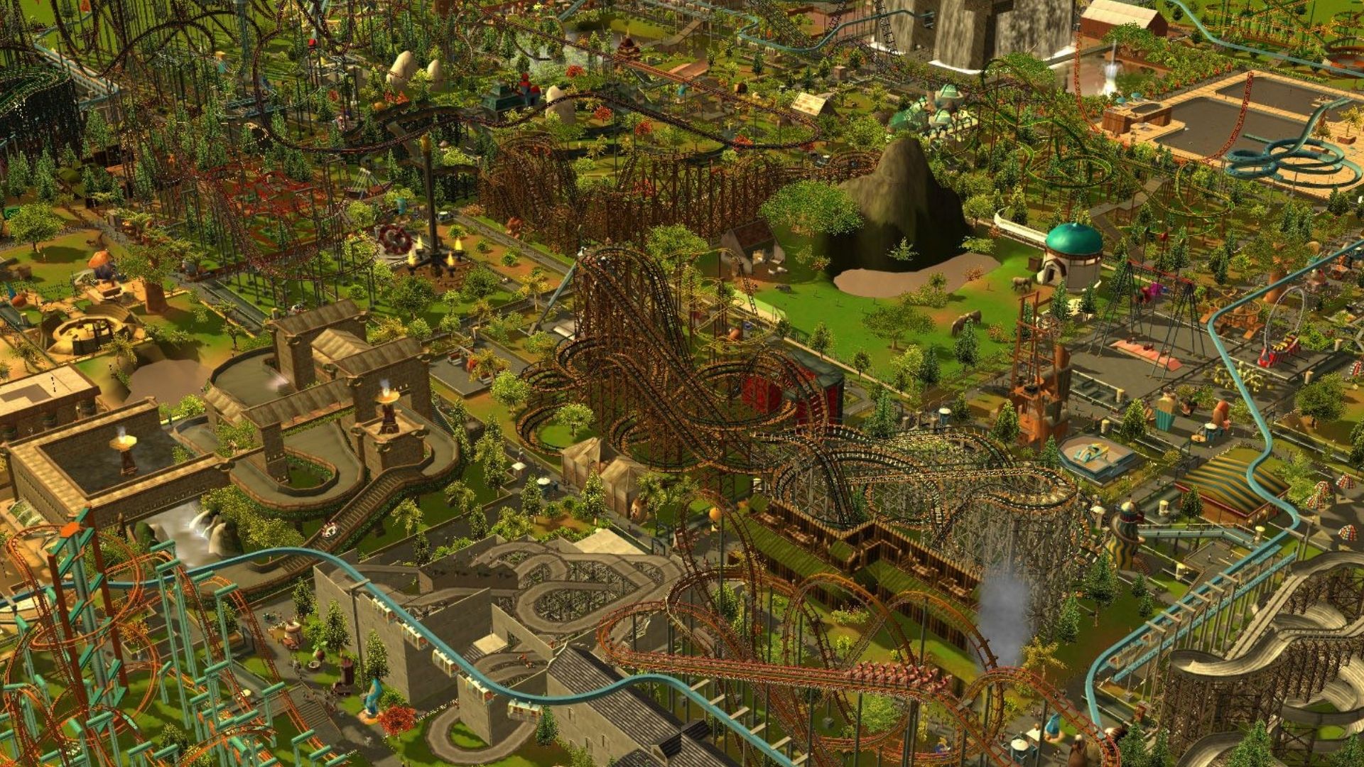 A theme park from a bird's eye view, with numerous roller coasters, food stands, and other things, from Roller Coaster Tycoon 3.