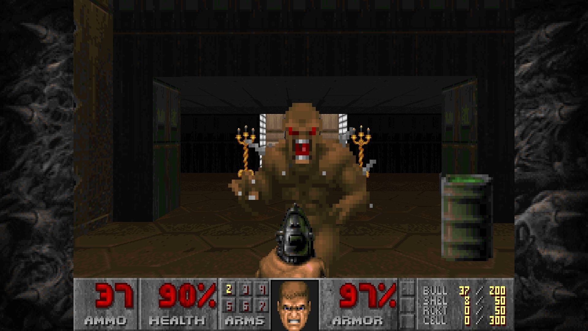 A demon in a chamber, from a first-person perspective with the character holding a pistol, in Doom.