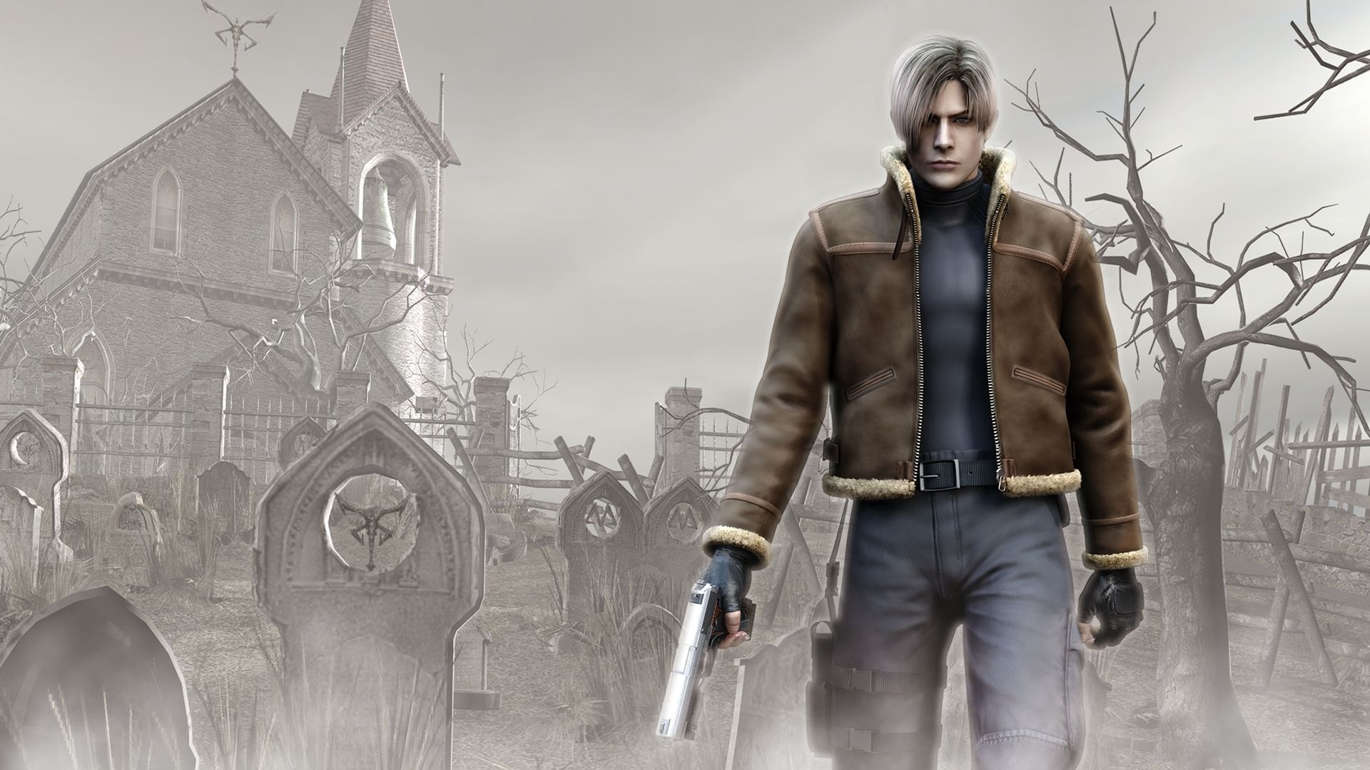 The main character from Resident Evil 4 standing in front of a graveyard behind a church in the mist. He is holding a silver pistol.