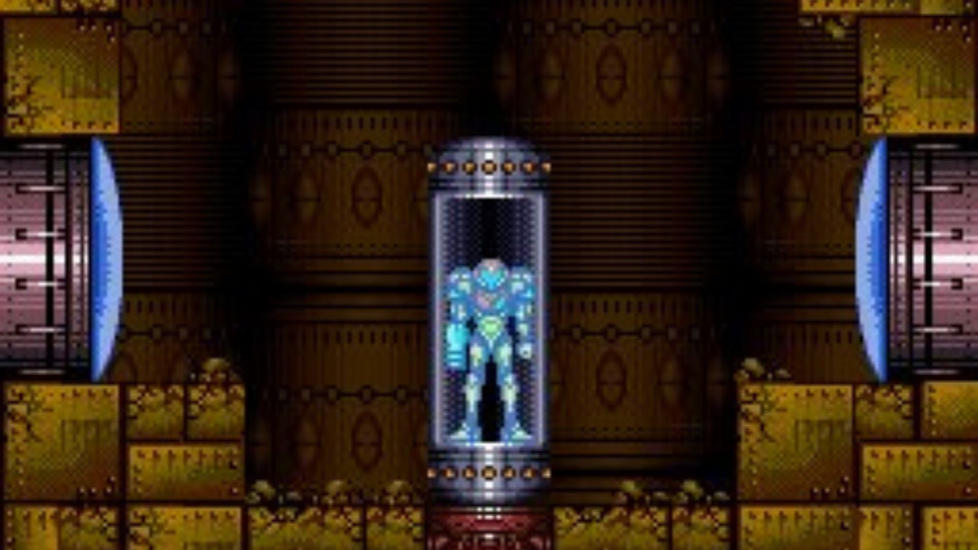 Samus in a chamber, two doors either side, from Super Metroid.