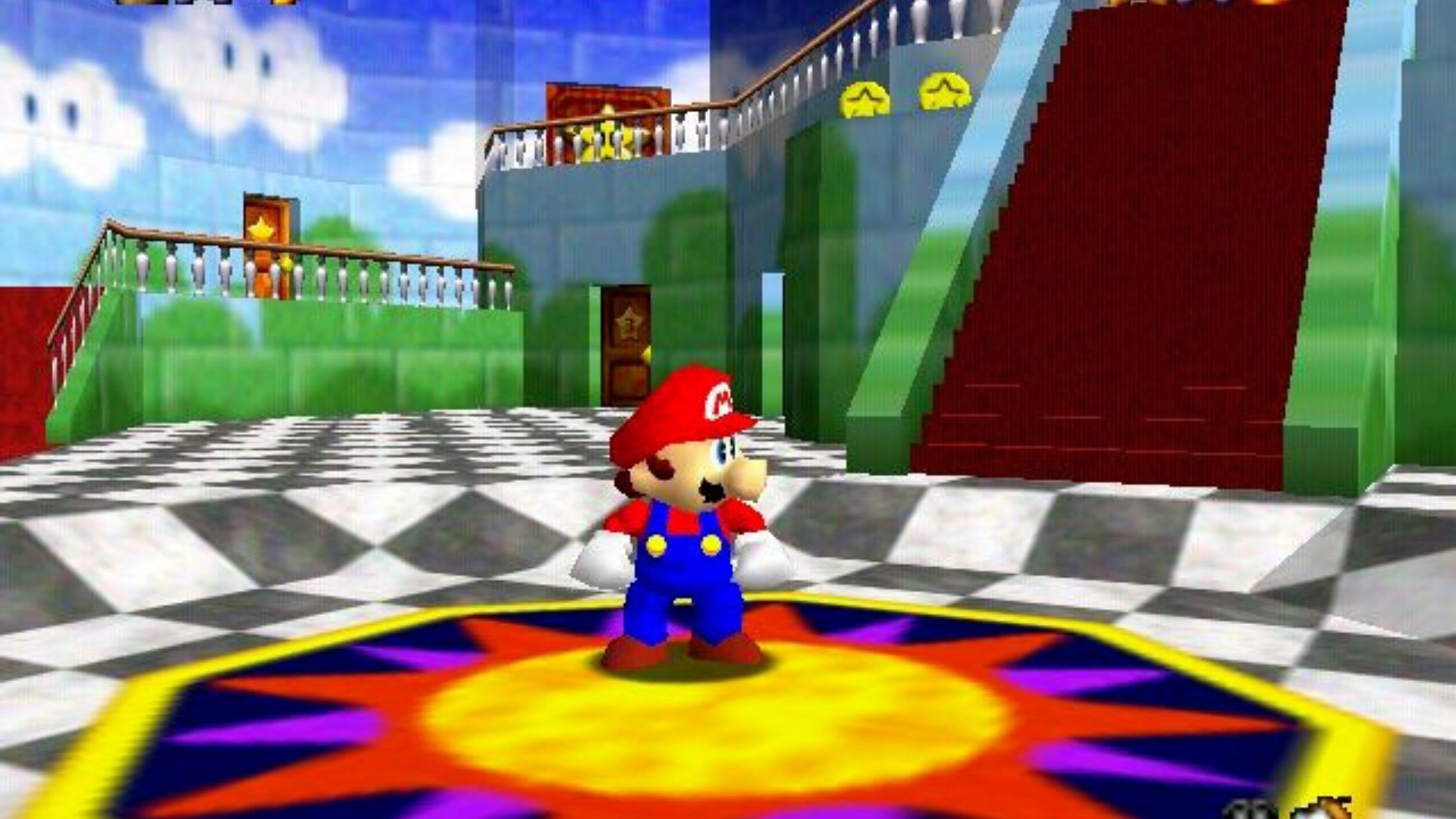 Mario in Peach's castle by a staircase in a screenshot from Super Mario 64.