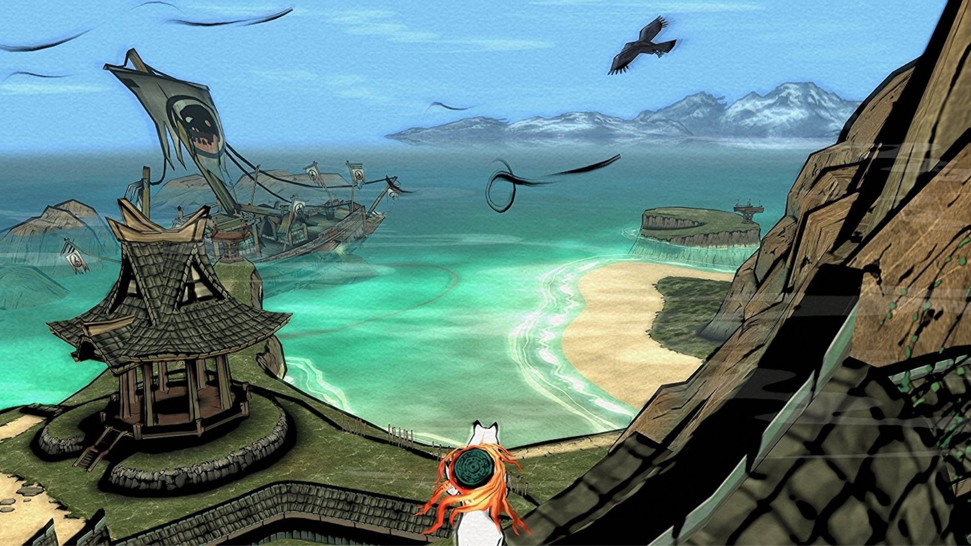 A wolf looking over a bay with birds flying above in Okami.